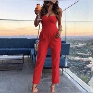 Express Red Strapless Jumpsuit